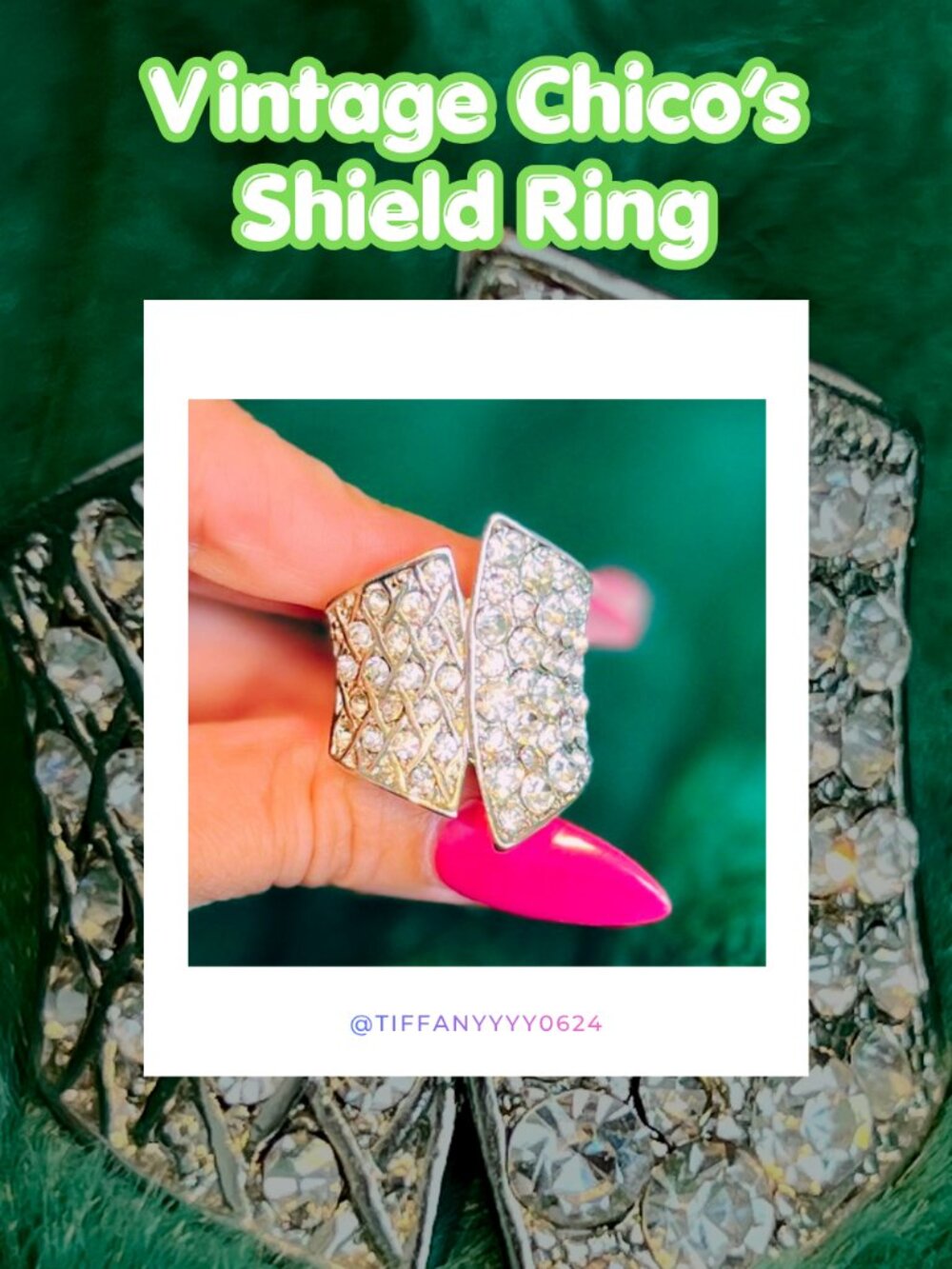 Vintage Chico’s Y2K Silver Geometric Pavé Crystal Lattice Stretch Shield Ring